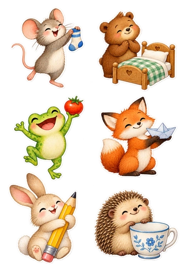 Six individual stickers: mouse proudly holding a freshly washed tiny sock; bear admiring a neatly made little bed; frog celebrating one small ripe tomato; fox carefully displaying a finished paper boat; rabbit hugging a freshly sharpened pencil; hedgehog smiling beside a clean empty teacup.