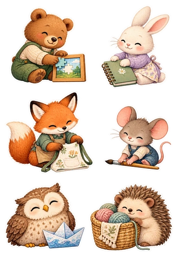 Six individual stickers: bear placing one completed puzzle piece into a small frame; rabbit closing a little sketchbook; fox folding a garden apron neatly; mouse setting down a tiny paintbrush; owl resting beside a finished origami boat; hedgehog snuggling next to a tidy yarn basket.