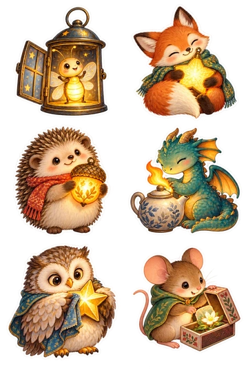 Six individual stickers: firefly proudly shining inside a small open lantern; tiny fox cradling a star-shaped lamp; hedgehog holding a glowing acorn lantern; little dragon warming a cold teapot with one attached flame; owl polishing a golden star held in its wings; mouse opening a matchbox containing a tiny flower.