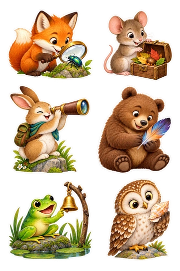 Six individual stickers: fox peeking into a magnifying lens at a beetle; mouse opening a tiny treasure box of leaves; rabbit looking through a paper telescope; bear examining a colorful feather; frog touching a small musical bell; owl studying a shell held in its wing.