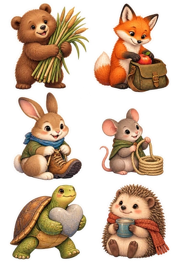 Six individual stickers: bear gathering a bundle of soft reeds; fox packing one apple into a satchel; rabbit tying sturdy bootlaces; mouse winding a tiny rope coil; turtle carrying a smooth heart stone; hedgehog warming paws around a small mug.