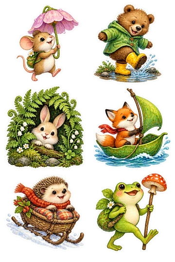 Six individual stickers: mouse exploring with a tiny flower umbrella; bear stepping into a shallow puddle with yellow boots; rabbit peeking through a fern arch; fox sailing a small leaf boat; hedgehog riding in a little basket sled; frog walking with a mushroom-shaped walking stick.