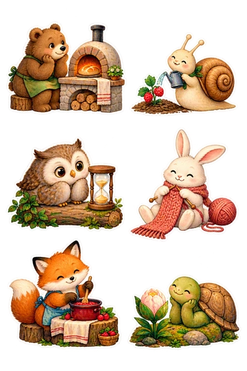 Six individual stickers: bear waiting beside a tiny bread oven; snail tending a small berry seedling; owl watching sand fall through a tiny hourglass; rabbit knitting a scarf with one loose end; fox patiently stirring a little jam pot; tortoise sitting beside a slowly opening flower.