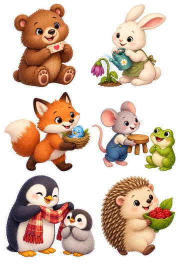 Six individual stickers: bear holding a small bandage with a heart pattern; rabbit watering a drooping flower; fox carrying a tiny bird's nest carefully; mouse offering a little wooden stool to a frog; penguin holding a scarf for a shivering chick; hedgehog bringing a berry in a leaf bowl.