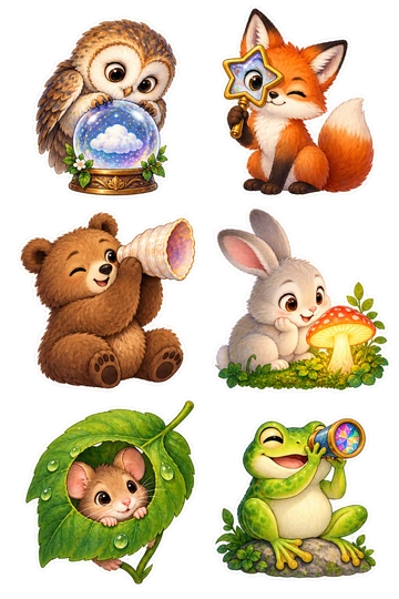 Six individual stickers: owl gazing into a crystal ball containing a tiny cloud; fox holding a star-shaped magnifying glass; bear looking into a shell like a telescope; rabbit studying a glowing mushroom; mouse peeking through a leaf with a round hole; frog holding a tiny kaleidoscope.