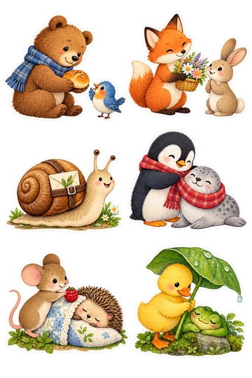 Six individual stickers: bear offering a warm bread roll to a tiny bird; fox holding a little basket of flowers toward a rabbit; snail delivering a blank envelope tucked into its shell strap; penguin wrapping a scarf around a small seal; mouse leaving a berry on a small hedgehog's pillow; duck holding a leaf umbrella over a sleeping frog.