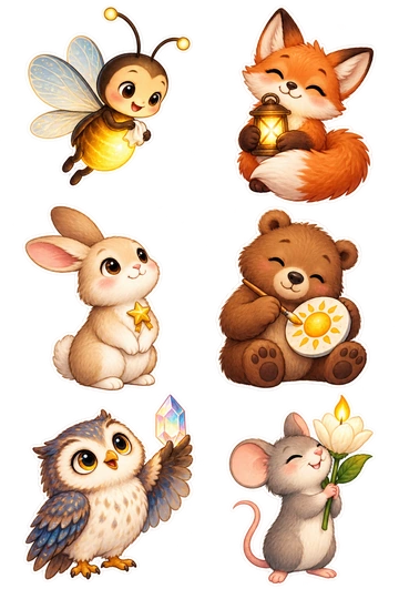 Six individual stickers: firefly polishing its glowing tail; fox holding a small lantern close to its chest; rabbit wearing a simple golden star brooch; bear painting a bright sun on a small round tile; owl lifting a tiny crystal prism; mouse holding a candle-shaped flower.
