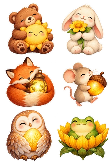 Six individual stickers: bear hugging a round sun-shaped cushion; rabbit holding a yellow flower close to its chest; fox curled around a warm golden lantern; mouse carrying a glowing acorn; owl cradling a golden egg-shaped light; frog sitting inside a sunflower bowl.