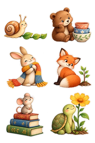 Six individual stickers: snail beside a trail of three connected little leaves; bear admiring a stack of three handmade bowls; rabbit holding a long knitted scarf; fox looking back at a tiny planted sapling; mouse sitting atop a small stair of books; turtle beside a tall flower it has grown.
