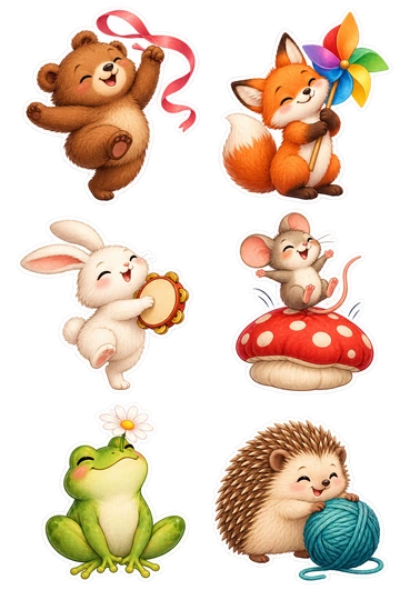 Six individual stickers: bear dancing with a small ribbon loop; fox hugging a colorful pinwheel; rabbit playing a tiny tambourine; mouse bouncing on a soft mushroom cushion; frog balancing a flower on its nose; hedgehog rolling a small yarn ball.