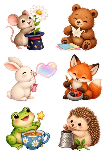 Six individual stickers: mouse pulling a daisy from a small hat; bear turning a folded paper into a crane; rabbit blowing one connected heart-shaped bubble; fox painting a pebble into a ladybug; frog stirring a cup with a star-tipped spoon; hedgehog planting a seed in a thimble.