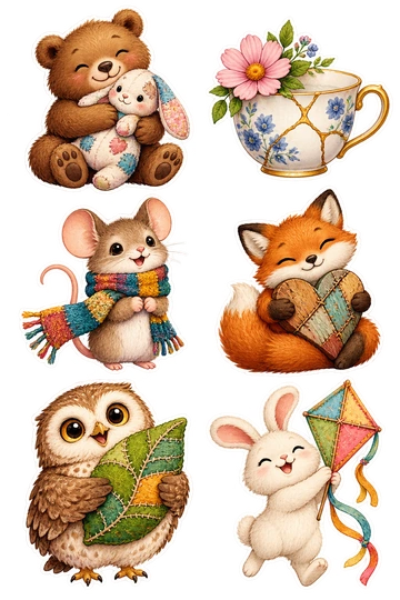 Six individual stickers: bear hugging a patched plush rabbit; teacup with gold repaired seams and a flower; mouse wearing a colorful patchwork scarf; fox cradling a mended wooden heart; owl holding a stitched leaf-shaped cushion; rabbit proudly showing a repaired paper kite.