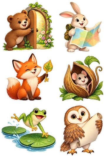 Six individual stickers: bear opening a little door with flowers behind it; rabbit unfolding a blank colorful map; fox holding a key shaped like a leaf; mouse peeking from an opened seed pod; frog hopping onto a new lily pad; owl holding a fresh roll of blank paper.