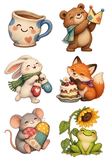 Six individual stickers: smiling lopsided handmade clay cup; bear holding a crooked paper crown proudly; rabbit carrying a mismatched pair of mittens; fox admiring a wobbly little cake; mouse hugging a patchwork heart with uneven edges; frog sitting beside a bent but blooming sunflower.