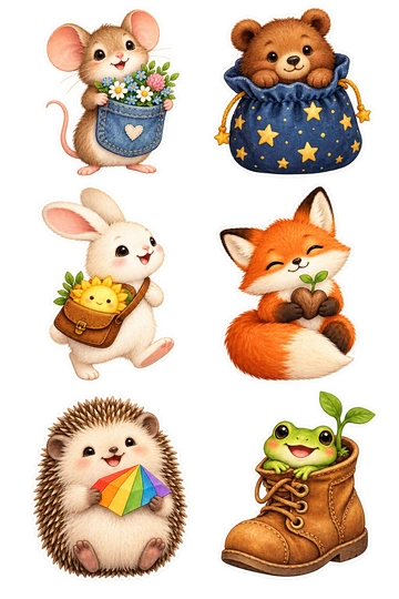 Six individual stickers: mouse holding a pocket full of tiny flowers; bear peeking from a star-decorated pouch; rabbit carrying a tiny sun in a satchel; fox cradling a heart-shaped seed; hedgehog holding a folded paper rainbow; frog sitting inside a little boot with a sprout.