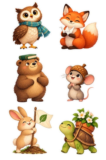 Six individual stickers: owl standing tall with a little scarf; fox holding a completed origami crane; bear balancing one small book on its head; mouse wearing a tiny acorn helmet; rabbit planting a flag with a simple leaf symbol; turtle proudly carrying a blooming flowerpot.