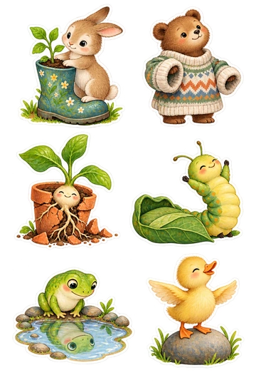 Six individual stickers: rabbit planting a sapling in a roomy garden boot; tiny bear standing inside an oversized sweater with rolled sleeves; happy plant roots gently breaking through a tiny cracked pot; caterpillar stretching beside its empty leaf-shaped sleeping bag; small frog looking proudly at its reflection in a puddle; duckling spreading its small wings atop a smooth pebble.