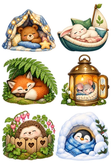 Six individual stickers: bear cuddled inside a little blanket fort; rabbit curled in a soft boat-shaped cushion; fox sheltered under a broad fern leaf; mouse sleeping in a cozy lantern-shaped home; hedgehog resting behind a heart-shaped fence; penguin tucked into a small snow shelter.
