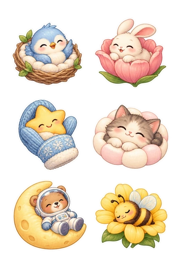 Six individual stickers: baby bird settling safely into a small padded nest; little bunny landing inside a wide blossom cup; smiling falling star tucked into an open mitten; plump kitten nestled in a marshmallow-shaped cushion; tiny astronaut bear sitting on a soft moon pillow; tired bee resting in a wide yellow flower.