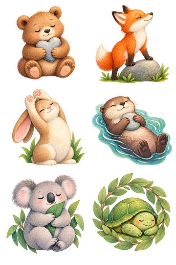 Six individual stickers: small bear with closed eyes gently holding a smooth heart stone; fox balancing one foot on a broad stable rock; sleepy rabbit stretching its paws above its head; otter floating calmly while hugging a soft pebble; koala holding one eucalyptus leaf to its chest; tiny turtle resting peacefully inside a circle of connected soft leaves.