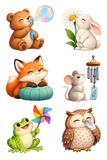 Six individual stickers: bear gently blowing one connected soap bubble; rabbit smelling a large daisy; fox resting paws on a round breathing cushion; mouse sitting beside a little wind chime; frog watching a pinwheel held in one hand; owl holding a soft feather near its beak.