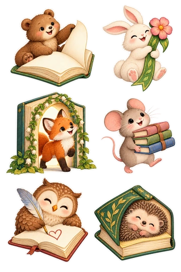 Six individual stickers: bear turning one large blank book page; rabbit holding a ribbon bookmark shaped like a flower; fox stepping through a book-shaped arch; mouse carrying a tiny stack of blank journals; owl writing a simple heart shape with a quill; hedgehog nestled inside a closed book-shaped cushion.