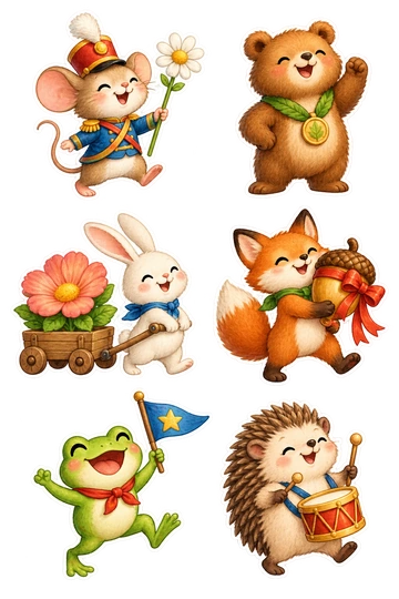 Six individual stickers: mouse marching with a daisy baton; bear proudly wearing a leaf medal; rabbit pulling a wagon with one big flower; fox carrying a ribbon-wrapped acorn trophy; frog waving a little pennant with a star symbol; hedgehog playing a tiny drum.