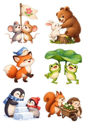 Six individual stickers: two mice lifting one tiny flag with a flower symbol; bear helping a bunny onto a small stump; fox carrying a sleepy bird on its head; two frogs balancing one broad lily leaf; penguins building a tiny snow step together; squirrel and hedgehog pushing a little wheelbarrow.