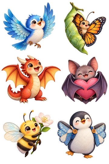 Six individual stickers: small bird spreading new blue wings; butterfly emerging from a leaf chrysalis; little dragon opening rounded wings; bat stretching its wings around a heart cushion; bee lifting a small blossom; penguin wearing homemade fabric wings.
