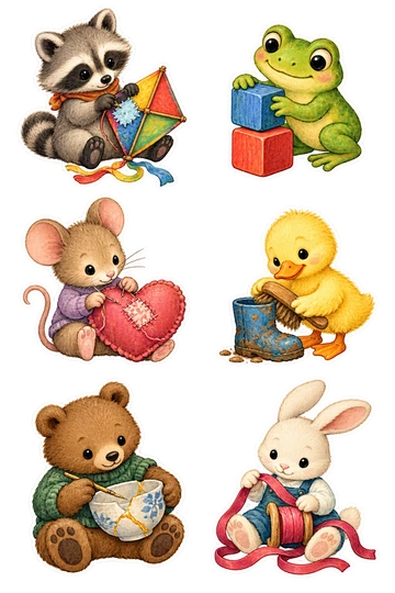 Six individual stickers: little raccoon gently mending a paper kite with a patch; frog stacking a fallen pair of toy blocks again; mouse stitching a torn heart-shaped cushion; duckling brushing mud off a small boot; bear repairing a cracked ceramic bowl with gold seams; rabbit rewinding a tangled ribbon neatly around a spool.
