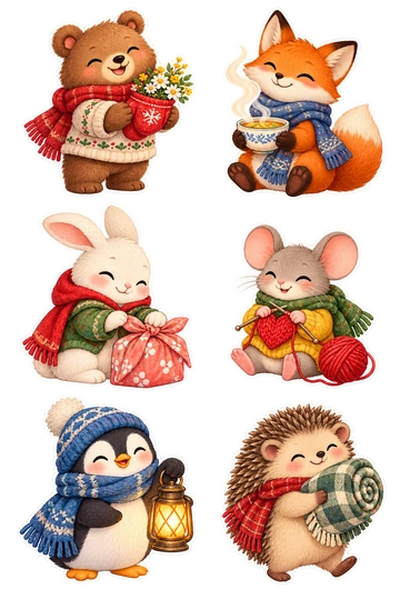 Six individual stickers: bear offering a mitten full of tiny flowers; fox holding a steaming bowl with connected steam; rabbit wrapping a small gift in cloth; mouse knitting a little heart-shaped patch; penguin holding a warm lantern; hedgehog carrying a soft blanket roll.