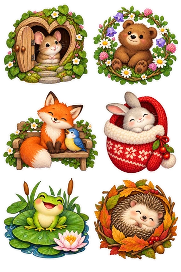 Six individual stickers: mouse nestled in a heart-shaped doorway; bear sitting among a connected ring of flowers; fox sharing a little bench with a bird; rabbit tucked into an open mitten; frog smiling from a lily-pad seat; hedgehog resting in a round leaf nest.