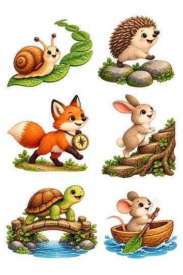 Six individual stickers: snail following a curved leaf trail; hedgehog stepping across three attached pebbles; fox carrying a little compass without letters; rabbit climbing a short root staircase; turtle walking over a small curved bridge; mouse steering a walnut-shell boat.