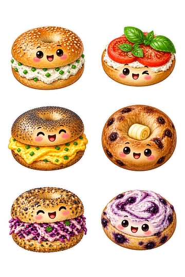 Six individual stickers: round sesame bagel stuffed with cream cheese and chives; open-faced bagel half with sliced tomato and basil; poppy-seed bagel sandwich with a folded omelet; cinnamon raisin bagel holding a small butter curl; everything bagel filled with purple cabbage slaw; blueberry bagel half with swirled berry cream.