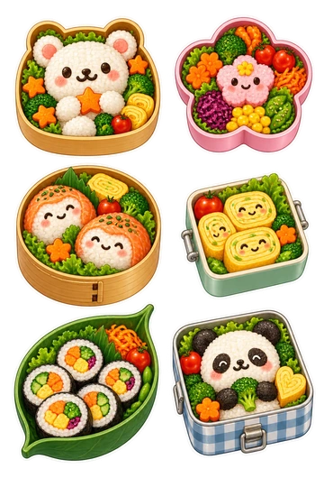 Six individual stickers: bear-shaped rice bento with carrot stars; flower-shaped bento box with colorful vegetables; round bamboo lunchbox with two salmon rice balls; tiny square lunchbox with spiral omelet slices; leaf-shaped box with vegetable sushi rolls; small picnic tin containing panda-shaped rice and broccoli.