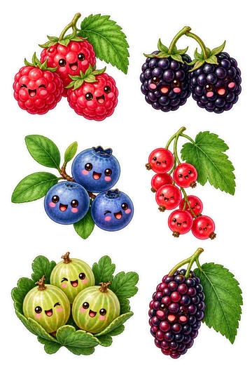 Six individual stickers: raspberry cluster with one serrated leaf; blackberry pair joined by a stem; blueberry sprig with three berries; red currant strand on a curved stem; gooseberry trio in a little leaf cup; mulberry cluster attached to a leaf.