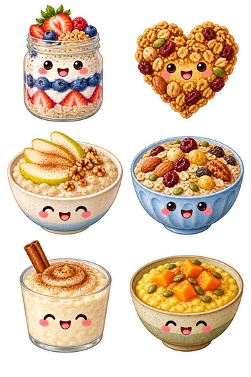 Six individual stickers: overnight oats jar layered with berries; golden granola cluster shaped like a heart; porridge bowl topped by pear slices; muesli bowl with nuts and dried fruit; rice pudding cup with cinnamon swirl; millet porridge bowl with pumpkin cubes.