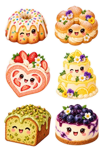 Six individual stickers: tiny confetti bundt cake; flower-shaped cream-filled choux ring; heart-shaped strawberry roll cake slice; small tiered lemon cake with edible flowers; pistachio loaf slice with green drizzle; round blueberry cheesecake with a berry crown.