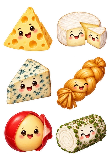 Six individual stickers: triangular Swiss cheese wedge with holes; round brie wheel with one wedge open; blue-veined cheese wedge; braided smoked cheese rope; small golden cheese dome with red wax peeled back; soft goat cheese log rolled in herbs.