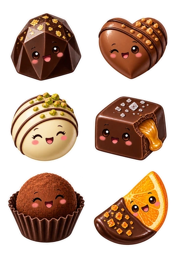 Six individual stickers: faceted dark chocolate bonbon; heart-shaped milk chocolate truffle; striped round white chocolate praline; square chocolate caramel with a cut corner; cocoa-dusted chocolate truffle in a paper cup; chocolate-dipped orange slice.