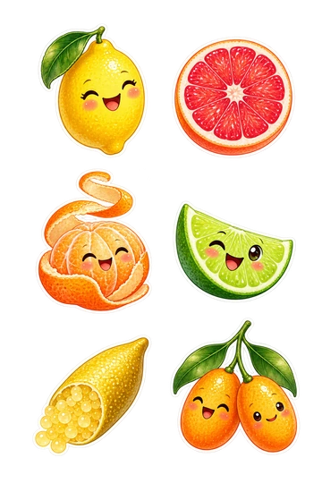 Six individual stickers: smiling whole lemon with one leaf; round ruby grapefruit half with radiant segments; little peeled mandarin with curling peel still attached; green lime wedge with cheeky face; long golden finger lime cut open at one end; orange kumquat pair connected by one leafy stem.