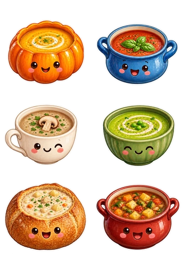 Six individual stickers: pumpkin-shaped bowl of creamy orange soup; blue handled crock of tomato soup with basil; white cup of mushroom soup with a tiny mushroom garnish; green bowl of pea soup with a swirl of cream; bread bowl filled with creamy chowder; red earthenware pot of vegetable soup with chunky vegetables.