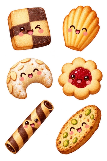 Six individual stickers: checkerboard shortbread square; shell-shaped madeleine; almond crescent cookie; flower-shaped jam thumbprint cookie; striped chocolate wafer roll; little pistachio biscotti slice.