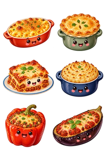 Six individual stickers: mini oval baked macaroni dish; small round vegetable pot pie; little square lasagna slice on a plate; tiny cottage pie crock with ridged mashed potato top; roasted stuffed pepper with rice filling; baked eggplant boat with tomato topping.