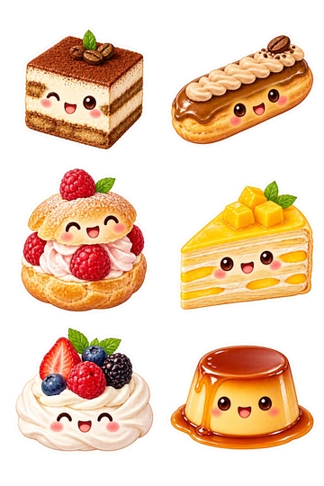 Six individual stickers: tiny tiramisu square with cocoa top; coffee eclair with a cream stripe; raspberry cream puff; small mango mille-crepe wedge; mini pavlova topped with berries; round caramel flan with a wobbly crown.