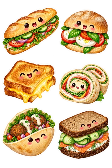 Six individual stickers: long baguette sandwich with colorful vegetables; round ciabatta sandwich with mozzarella and tomato; square grilled cheese with melted edge; striped pinwheel sandwich roll; small falafel pita pocket; rye sandwich with cucumber ribbons.