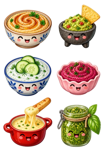Six individual stickers: bowl of hummus with a paprika spiral; tiny guacamole bowl with one attached tortilla chip; tzatziki bowl topped by cucumber slices; pink beet dip in a small scalloped dish; melted cheese pot holding a breadstick; green pesto jar with a basil leaf tied to its rim.