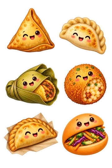 Six individual stickers: golden triangular samosa with folded seams; small pierogi with curved crimped edge; leaf-wrapped tamale opened at one end; little round arancini with a cut face showing rice; filled crescent empanada on a tiny folded paper; orange bao pocket with a visible vegetable filling.