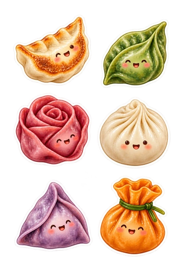 Six cute dumpling stickers in golden, green, pink, cream, purple and orange styles.