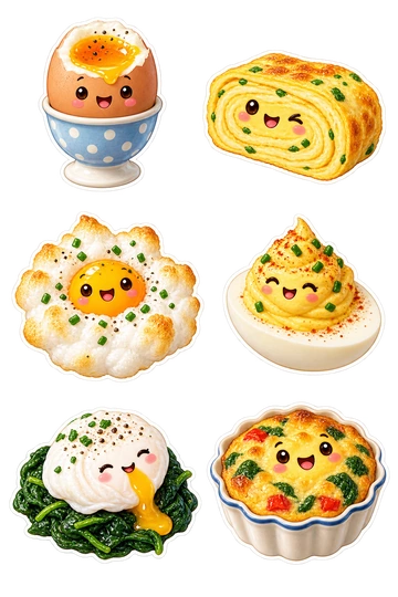 Six individual stickers: soft-boiled egg in a tiny polka-dot egg cup; rolled omelet slice with spiral layers; cloud egg with a sunny yolk in fluffy whites; deviled egg with a swirl of filling; small poached egg perched on a spinach nest; golden mini frittata in a scalloped dish.